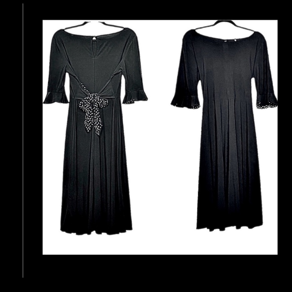 Chetta B Dress Black with White Polka Dot Accents Tie Waist Half Sleeve